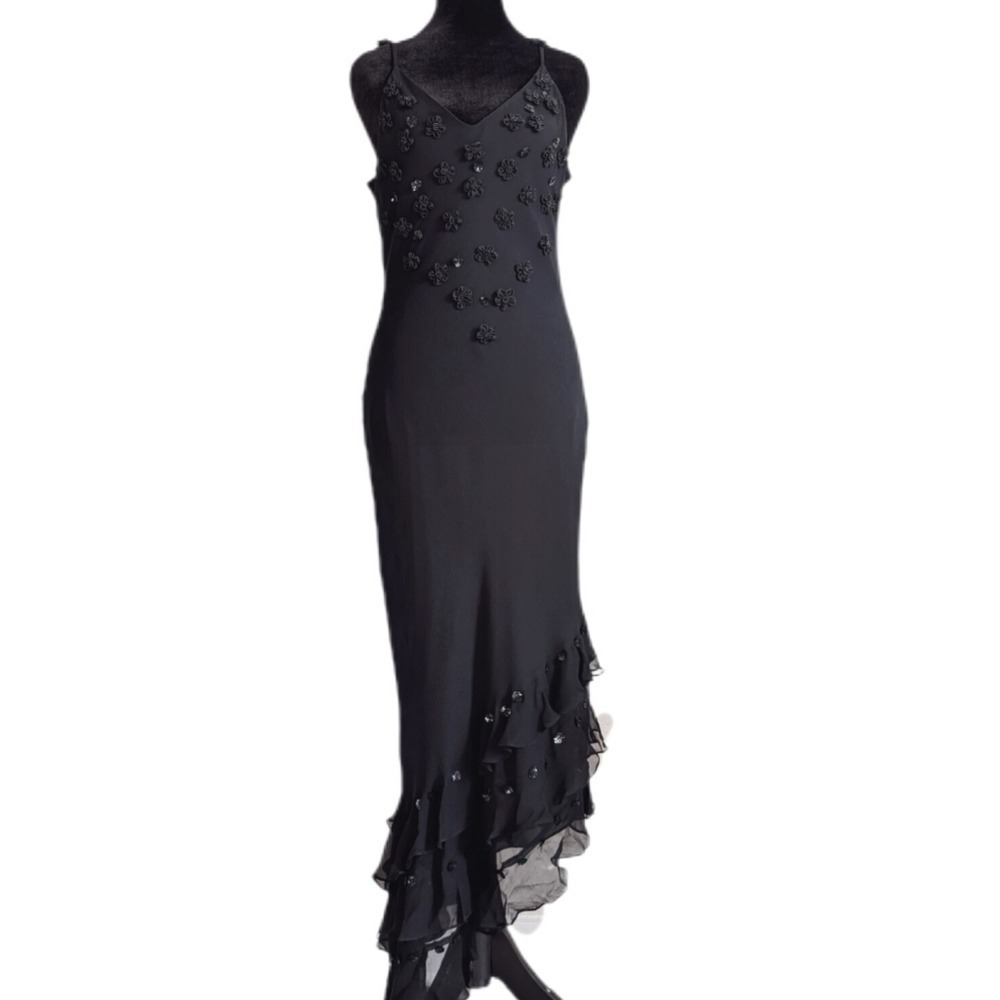 Vintage 90s Y2K Romantic Goth Black Embellished Floral Ruffle Midi Silk Dress